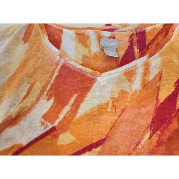 CHICOS 100% Linen Orange Pink White V-Neck Top Size Large - Picture 3 of 6